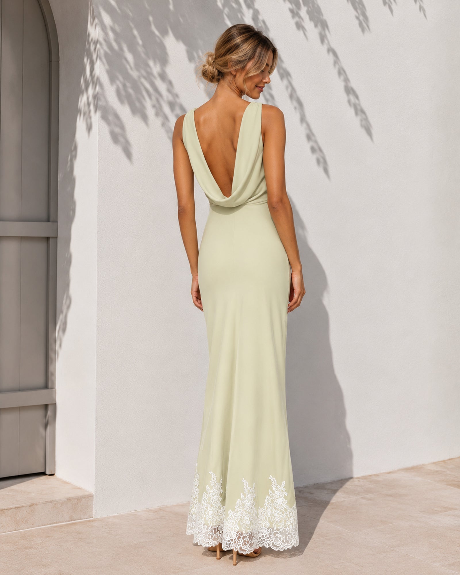 Women's sage maxi dress with draped cowl low back side view by Esther & Co