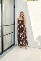 Women's white spot maxi dress front view by Esther & Co