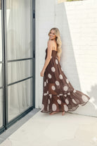 Women's white polka dot maxi dress styled outfit by Esther & Co