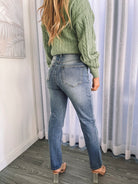 Women's mid wash high waisted denim jeans by Esther & Co