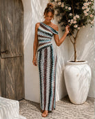Women's cream and multi one shoulder knit maxi dress front view, the Thandie Dress in Geometric Waves by Esther & Co