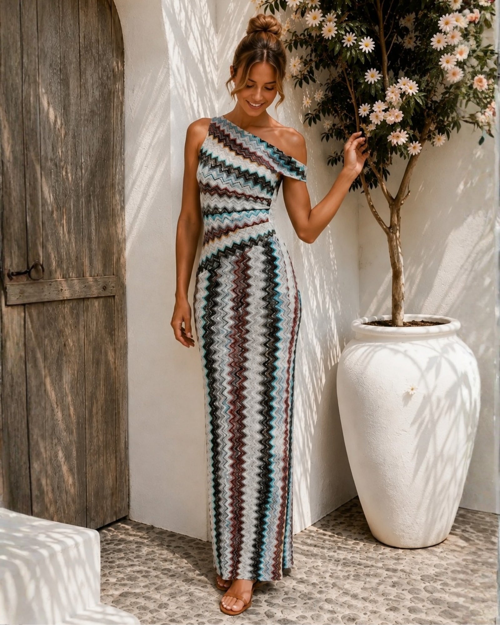 Women's cream and multi one shoulder knit maxi dress front view, the Thandie Dress in Geometric Waves by Esther & Co