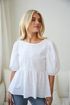 Tonya Top in White womens cotton linen blouse with balloon sleeves front view