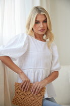 Tonya Top in White white balloon sleeve blouse full length view