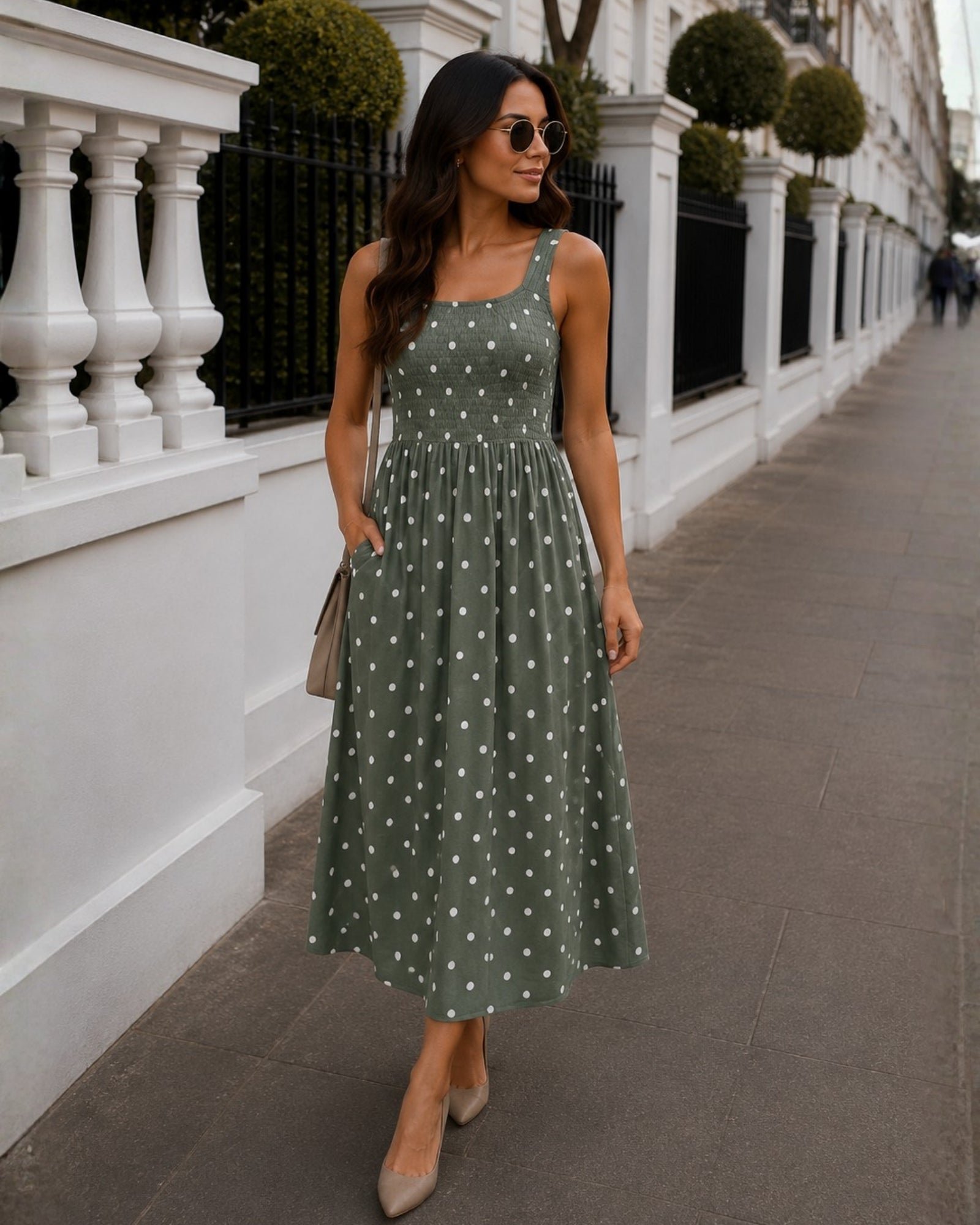 Women's green polka dot midi dress, the Torrance Dress in Green Spot by Esther & Co