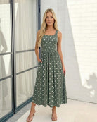 Women's green polka dot midi dress, the Torrance Dress in Green Spot by Esther & Co
