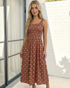 Women's rust polka dot midi dress, the Torrance Rust Spot Dress by Esther & Co