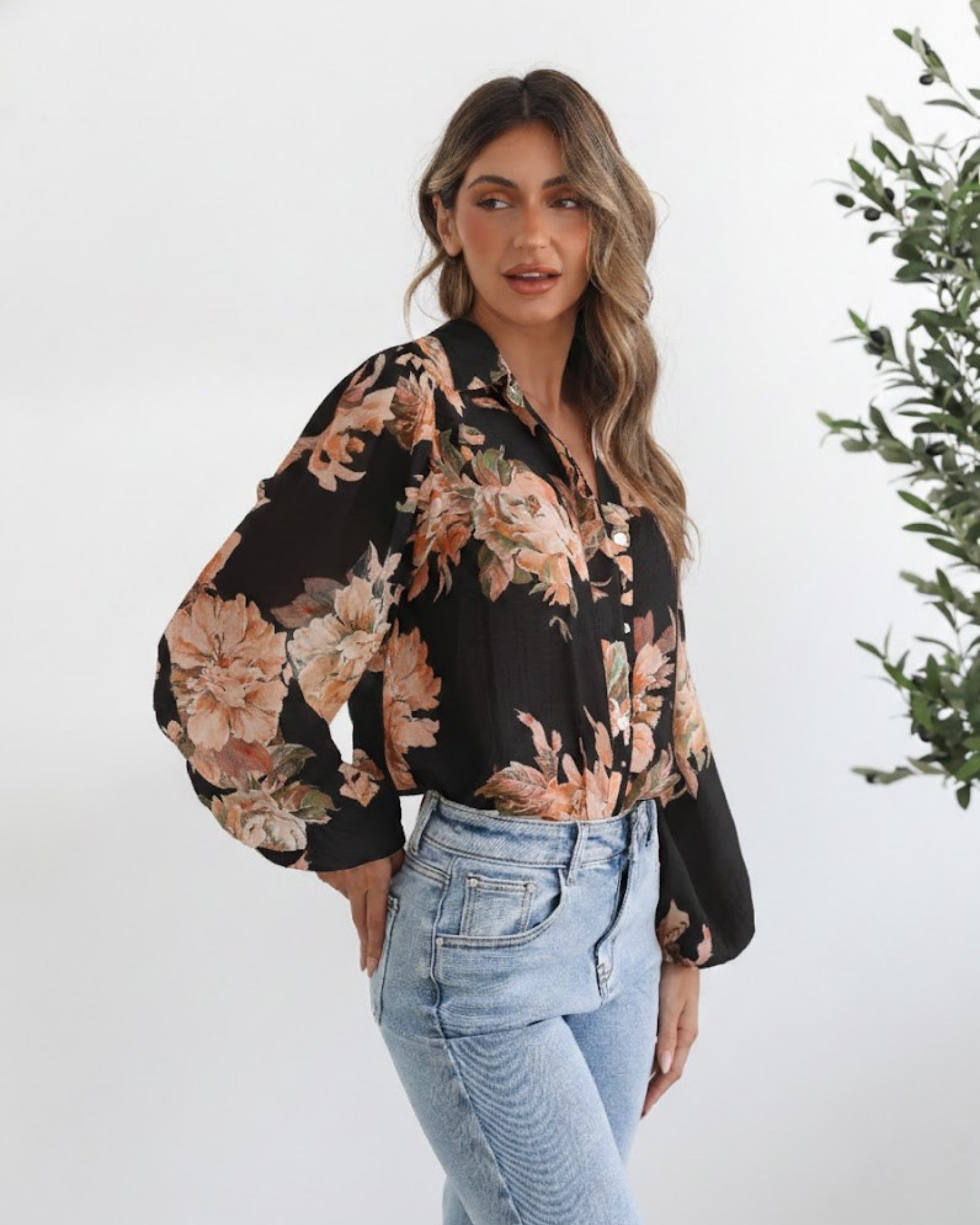 Veiga Blouse in Black Floral black botanical print blouse full length view