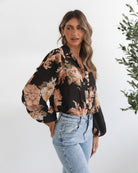 Veiga Blouse in Black Floral black botanical print blouse full length view