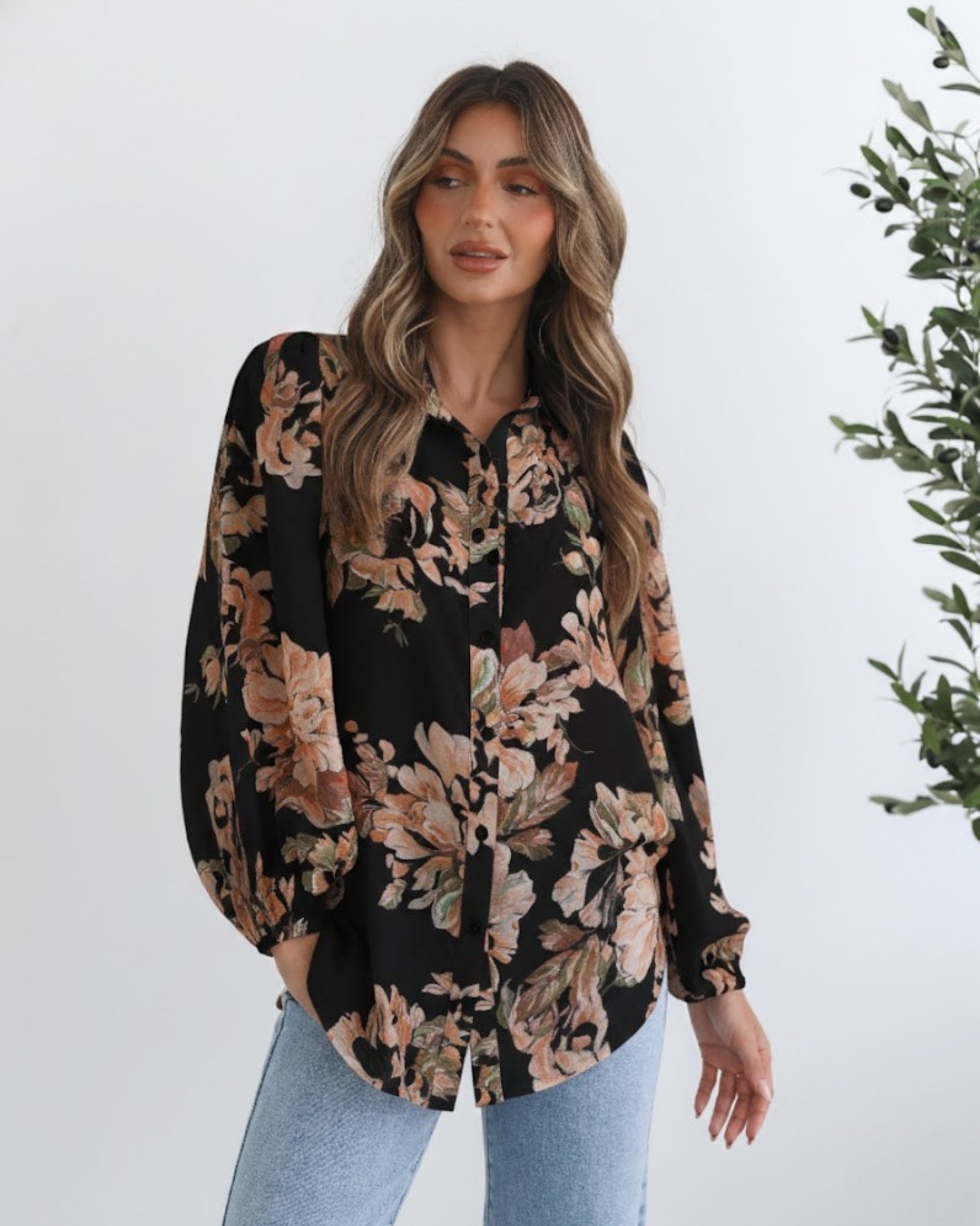 Veiga Blouse in Black Floral black botanical floral blouse with billowy sleeves side view
