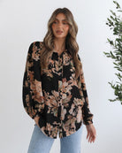 Veiga Blouse in Black Floral black botanical floral blouse with billowy sleeves side view