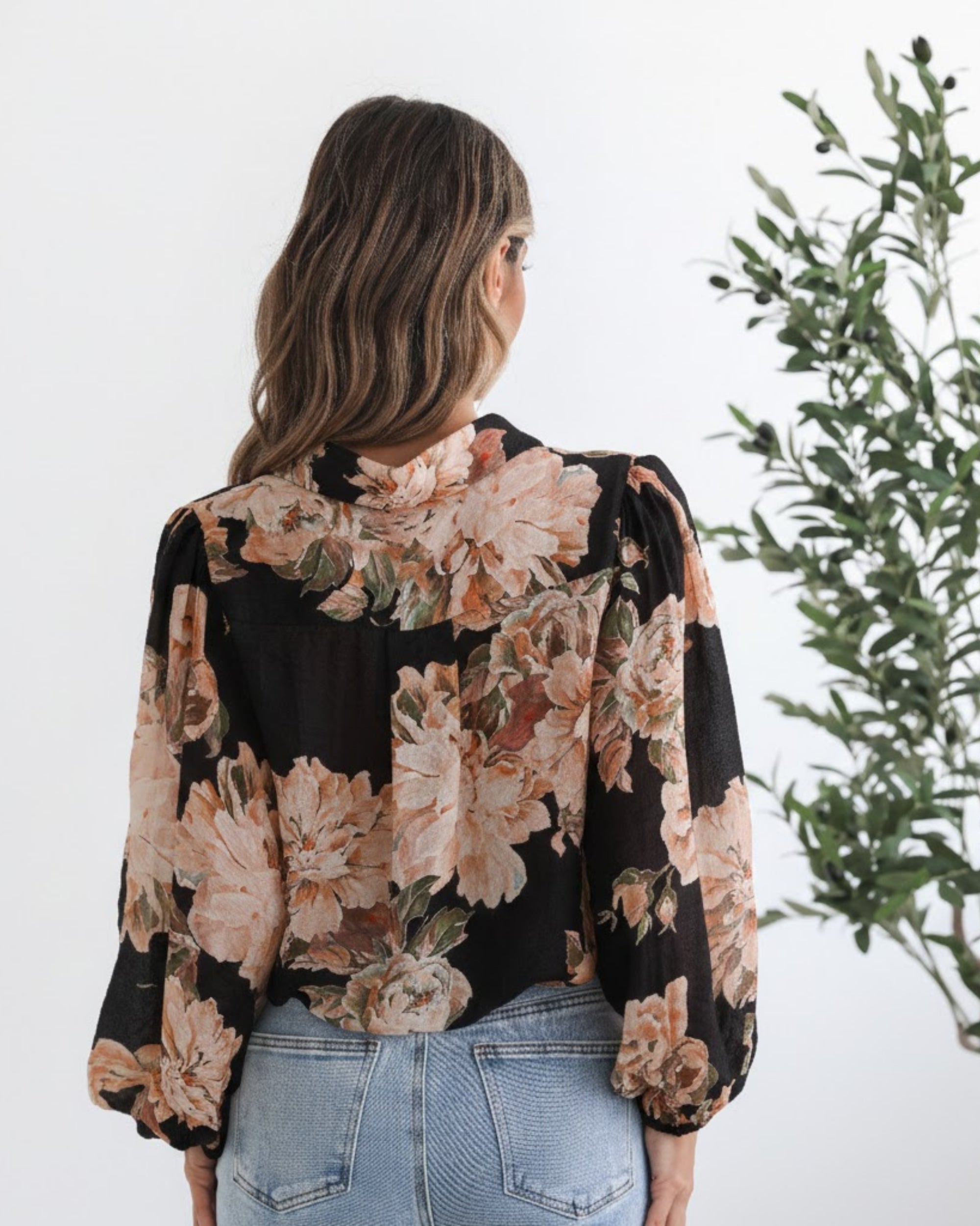 Veiga Blouse in Black Floral womens black botanical floral blouse back view