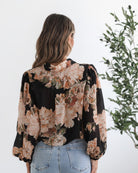 Veiga Blouse in Black Floral womens black botanical floral blouse back view