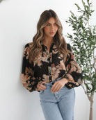 Veiga Blouse in Black Floral womens black floral blouse styled outfit