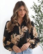 Veiga Blouse in Black Floral womens floral blouse in black with botanical print front view