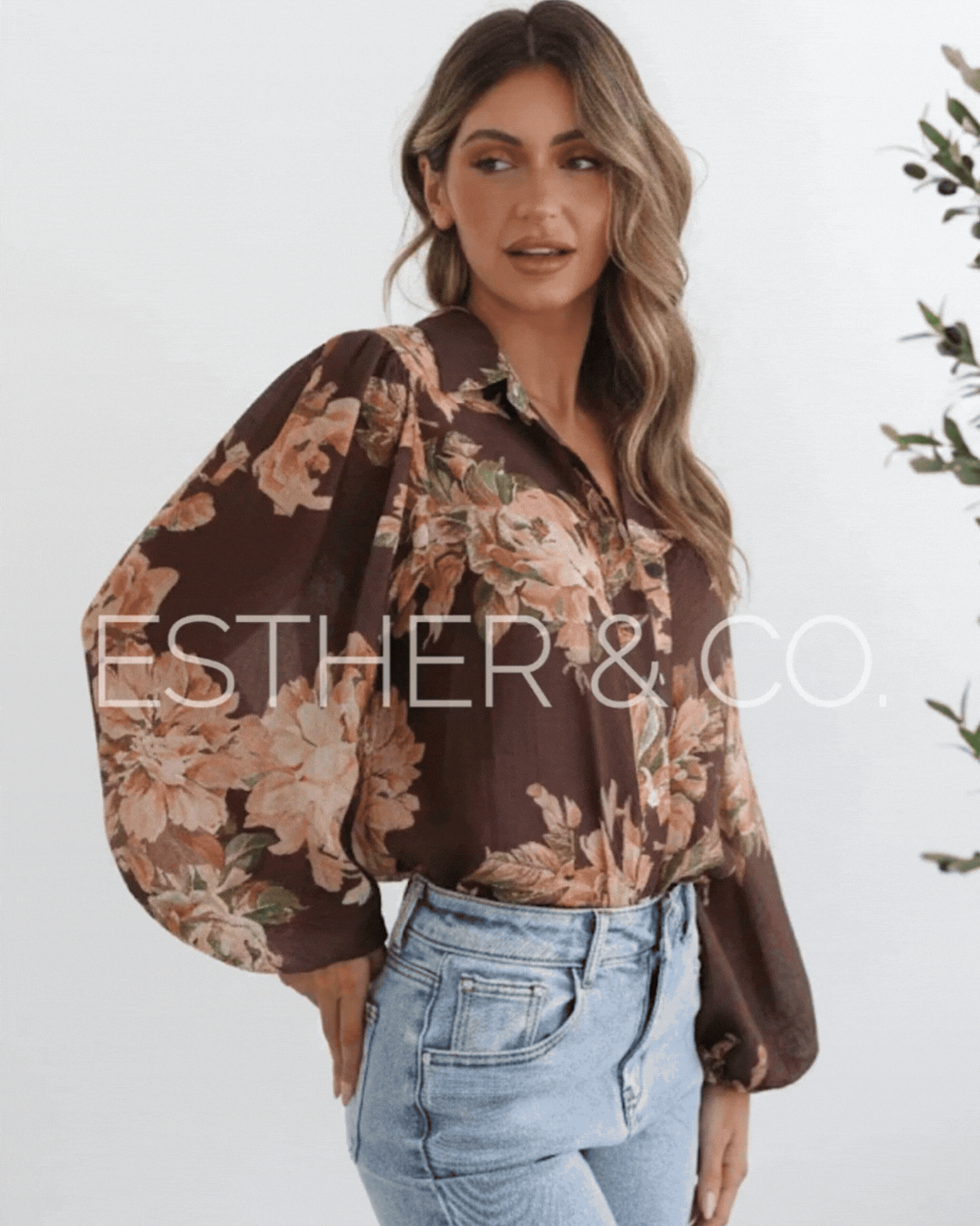 Veiga Blouse in Choc Floral womens chocolate floral blouse back view