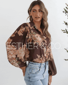Veiga Blouse in Choc Floral womens chocolate floral blouse back view