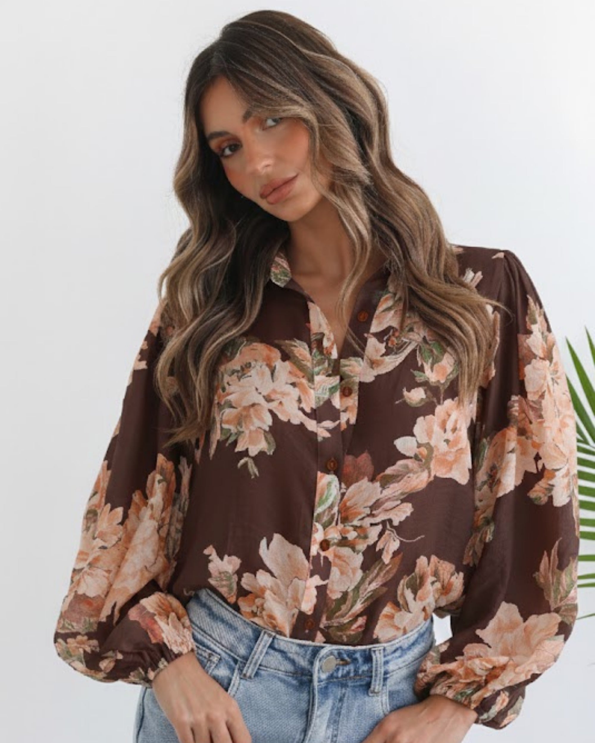 Veiga Blouse in Choc Floral choc floral blouse with billowy sleeves side view