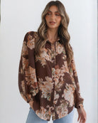 Veiga Blouse in Choc Floral womens chocolate floral print blouse styled outfit