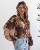 Veiga Blouse in Choc Floral womens floral blouse in chocolate brown with botanical print front view