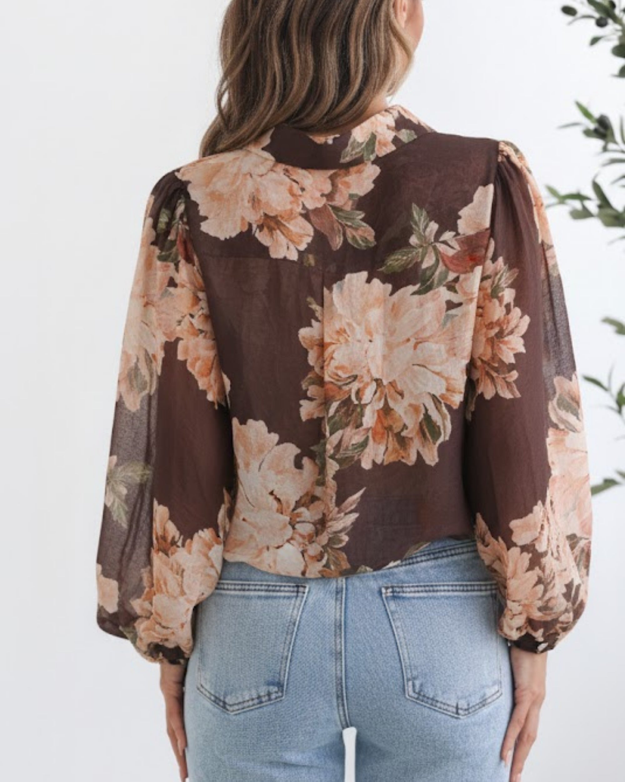 Veiga Blouse in Choc Floral choc floral botanical print blouse full length view