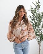 Veiga Blouse in Cream Floral womens floral blouse in cream with multicolour print front view