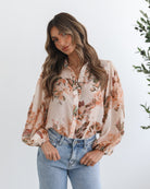 Veiga Blouse in Cream Floral cream multicolour floral blouse full length view