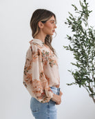 Veiga Blouse in Cream Floral cream floral blouse with bishop sleeves side view
