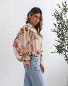 Veiga Blouse in Cream Floral womens cream floral blouse close up collar and button detail