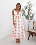 Women's white floral print maxi dress back view by Esther & Co