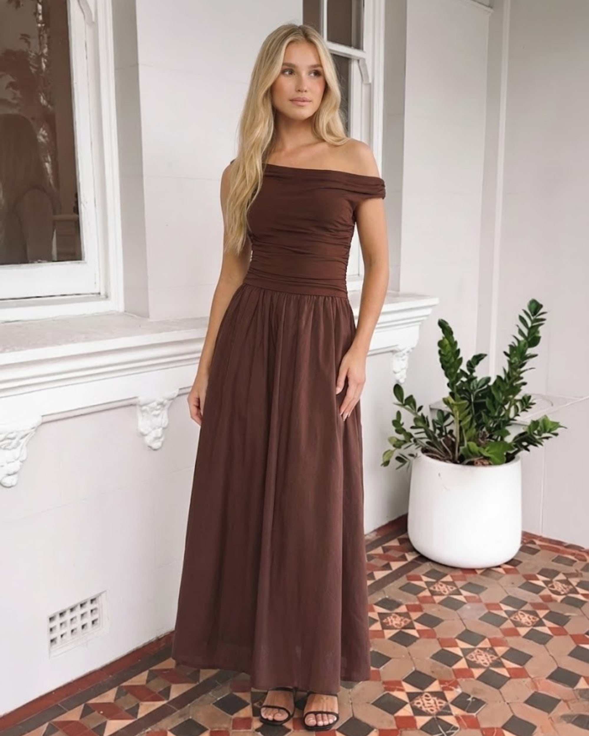 Women's brown one shoulder ruched maxi dress, the Vixen Dress in Brown by Esther & Co