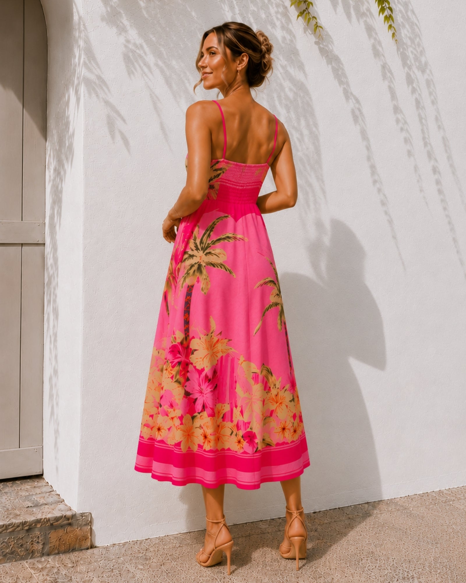 Women's pink and multi square neck tropical print midi dress, the Welcie Dress in Tropical Bliss by Esther & Co