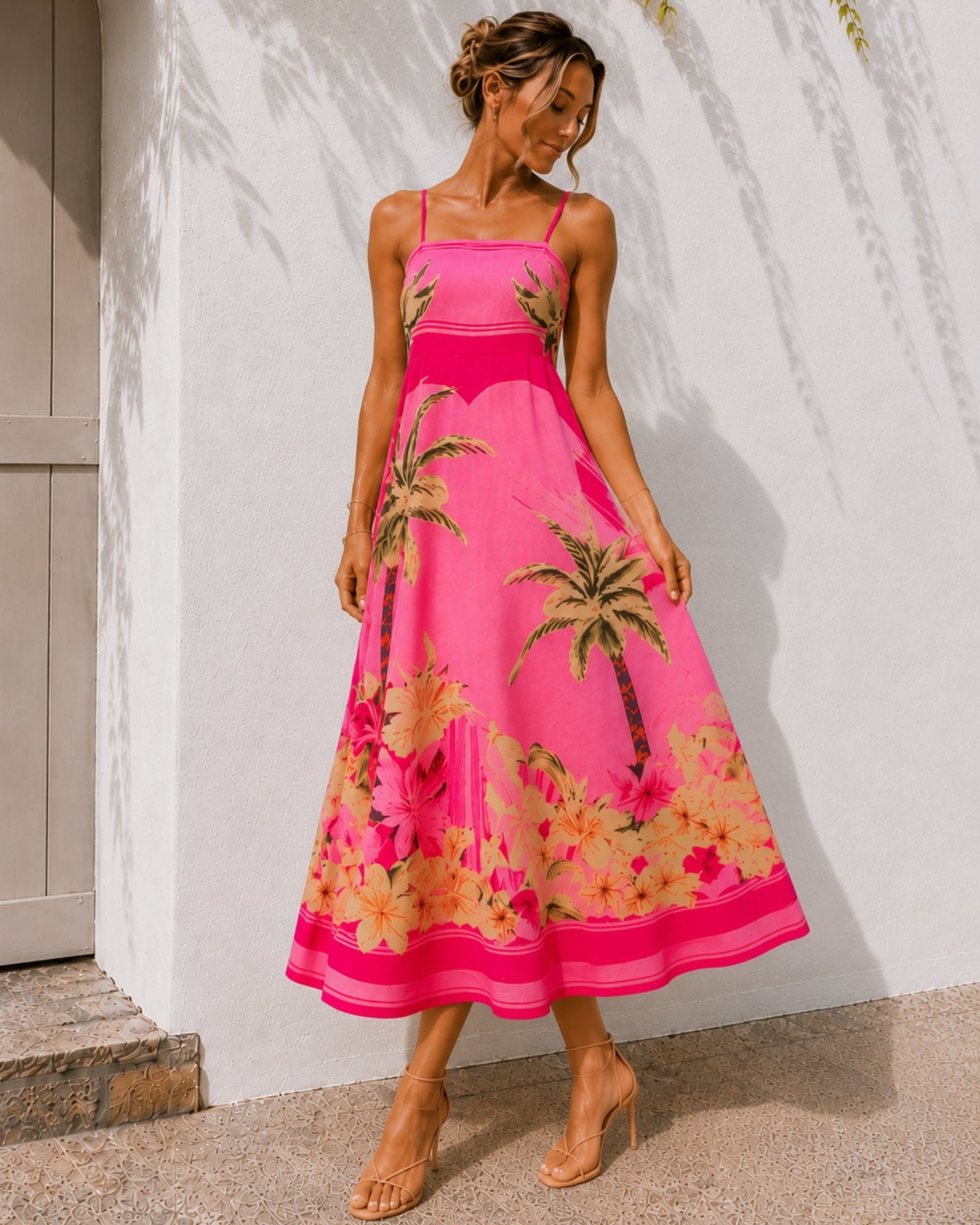 Women's pink and multi square neck tropical print midi dress, the Welcie Dress in Tropical Bliss by Esther & Co