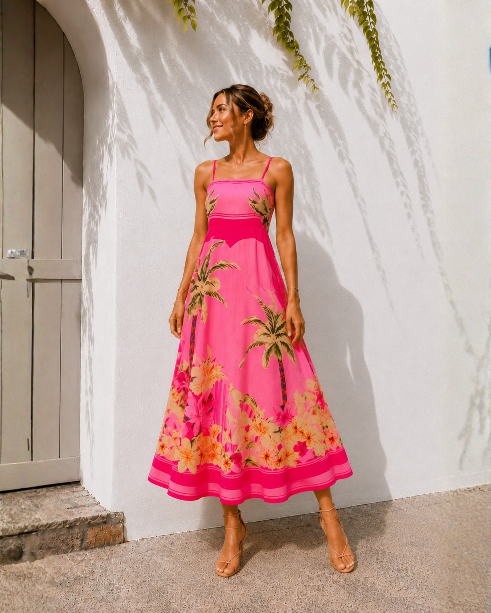 Women's pink tropical print A-line midi dress with palm print border hem, the Welcie Dress in Tropical Bliss by Esther & Co