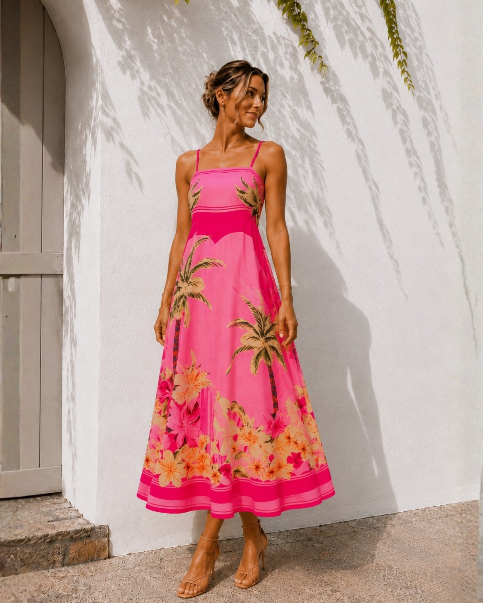 Women's pink tropical print sleeveless midi dress, the Welcie Dress in Tropical Bliss by Esther & Co