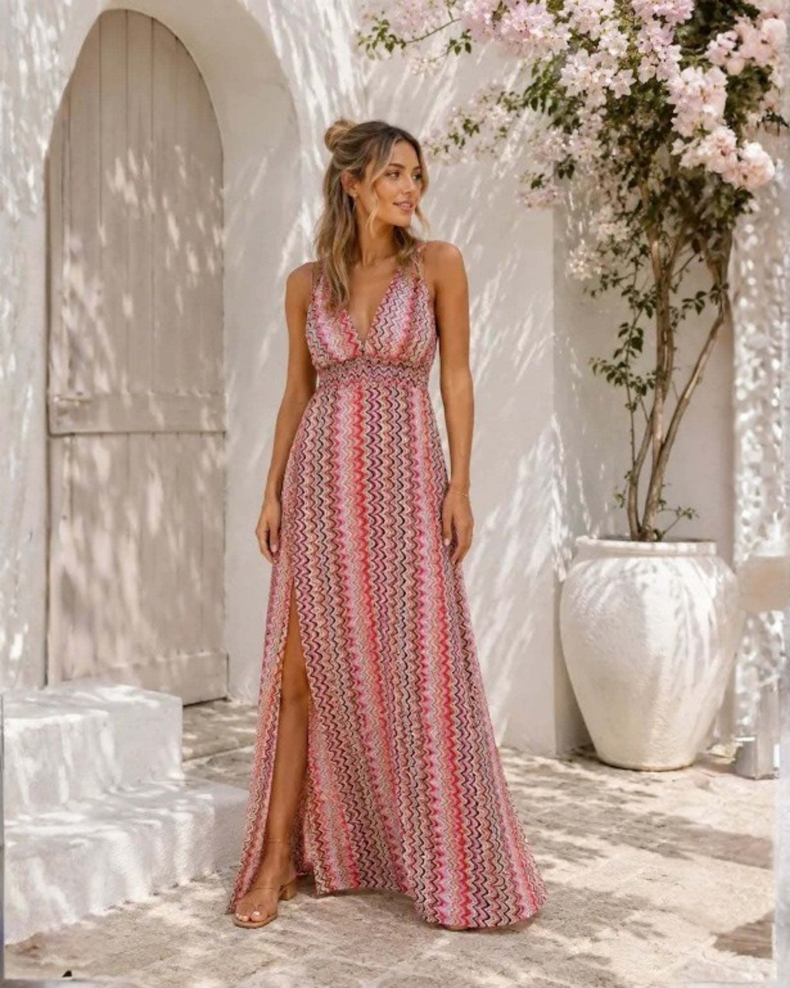 Women's blush plunge neck maxi dress with side split, the Xyriel Dress in Romantic Chevron by Esther & Co