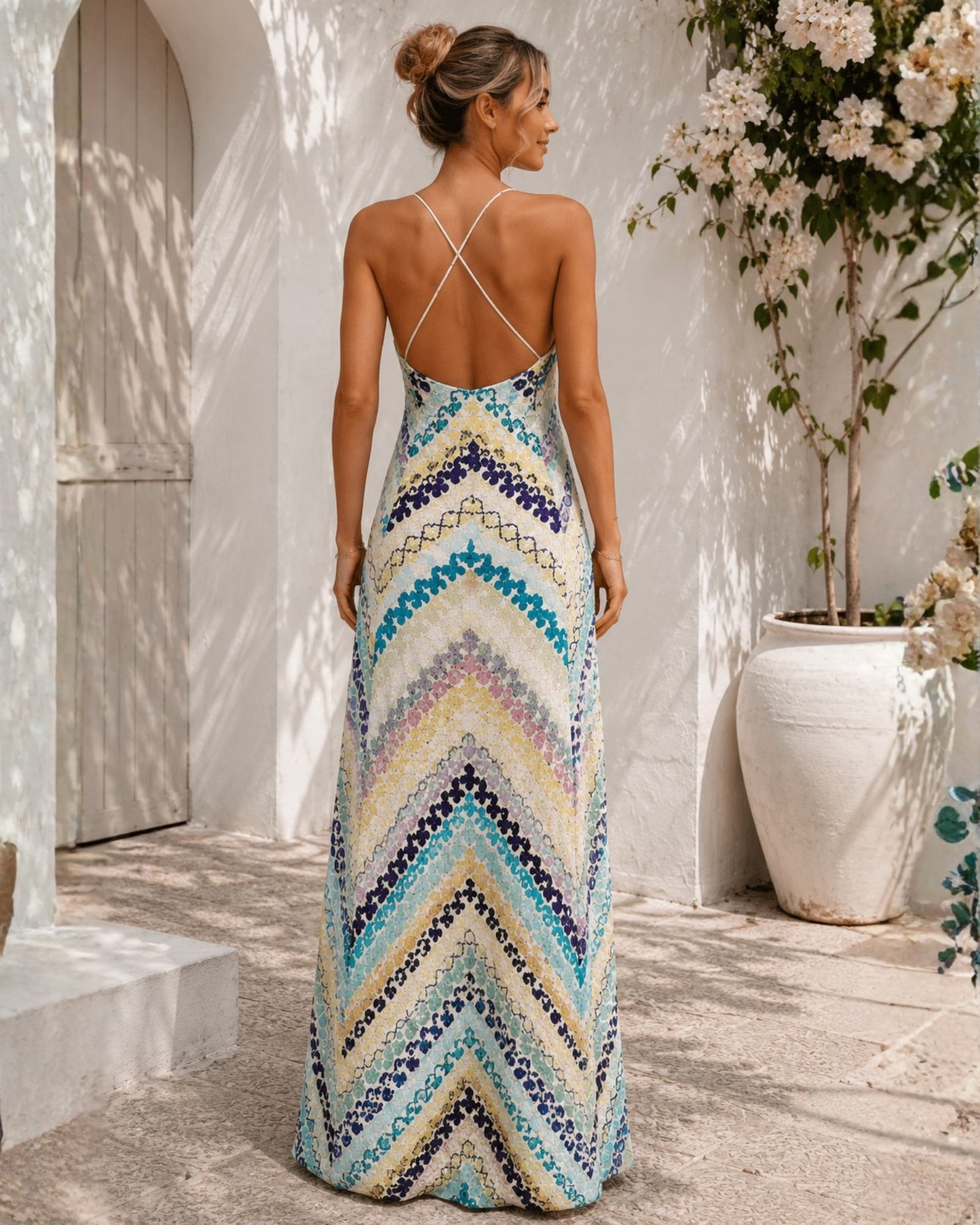 Women's blue print plunge neck maxi dress, the Zarelle Dress in Blue Paradise by Esther & Co