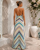 Women's blue print plunge neck maxi dress, the Zarelle Dress in Blue Paradise by Esther & Co