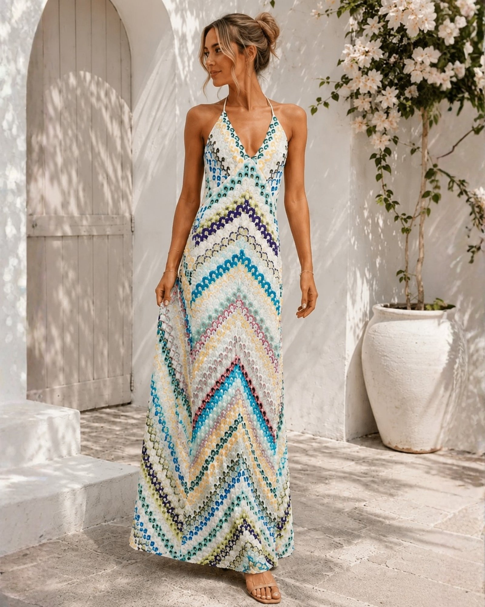Women's blue print plunge neck maxi dress side view by Esther & Co