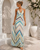 Women's blue print plunge neck maxi dress side view by Esther & Co