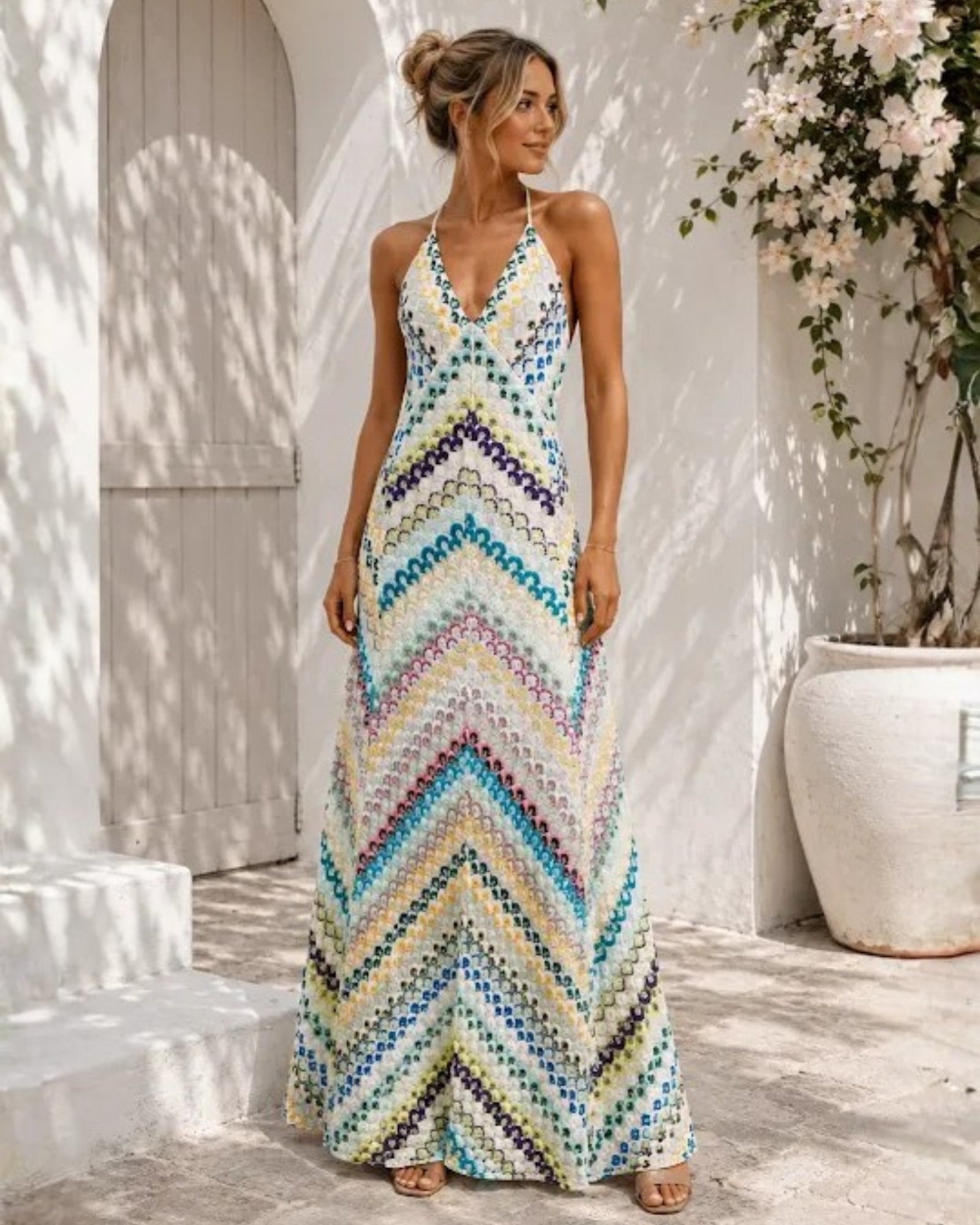 Women's blue and white plunge neck printed maxi dress, the Zarelle Dress in Blue Paradise by Esther & Co
