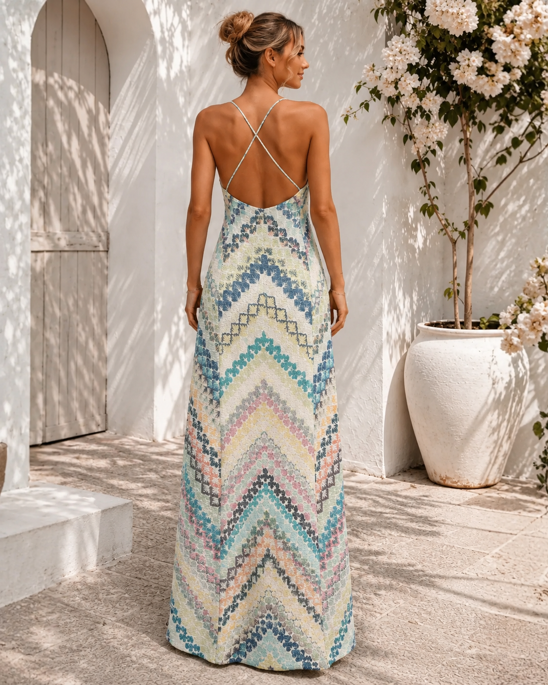 Zarelle Dress in Blue Paradise, women's printed plunge maxi dress by Esther & Co, photo 3