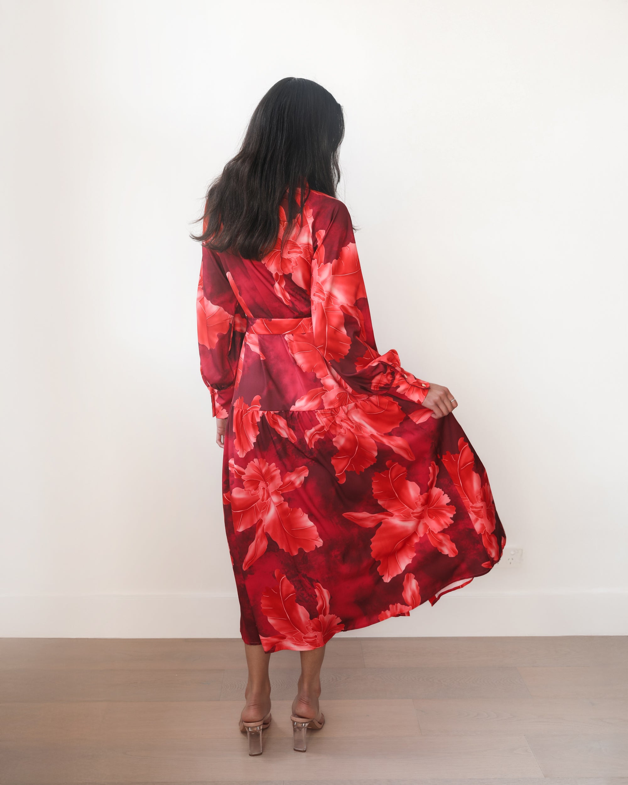 Women's red floral maxi dress full length view by Esther & Co