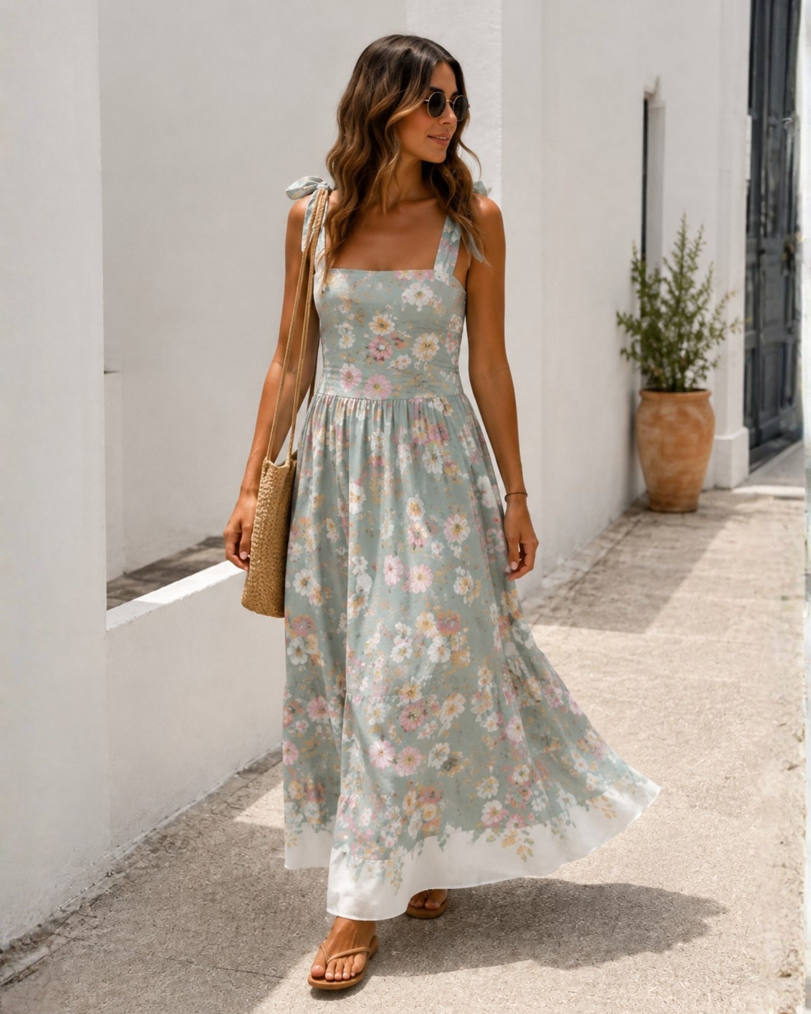 Women's mint floral maxi dress with bow straps and square neckline, the Zyrelise Dress in Mint Floral by Esther & Co