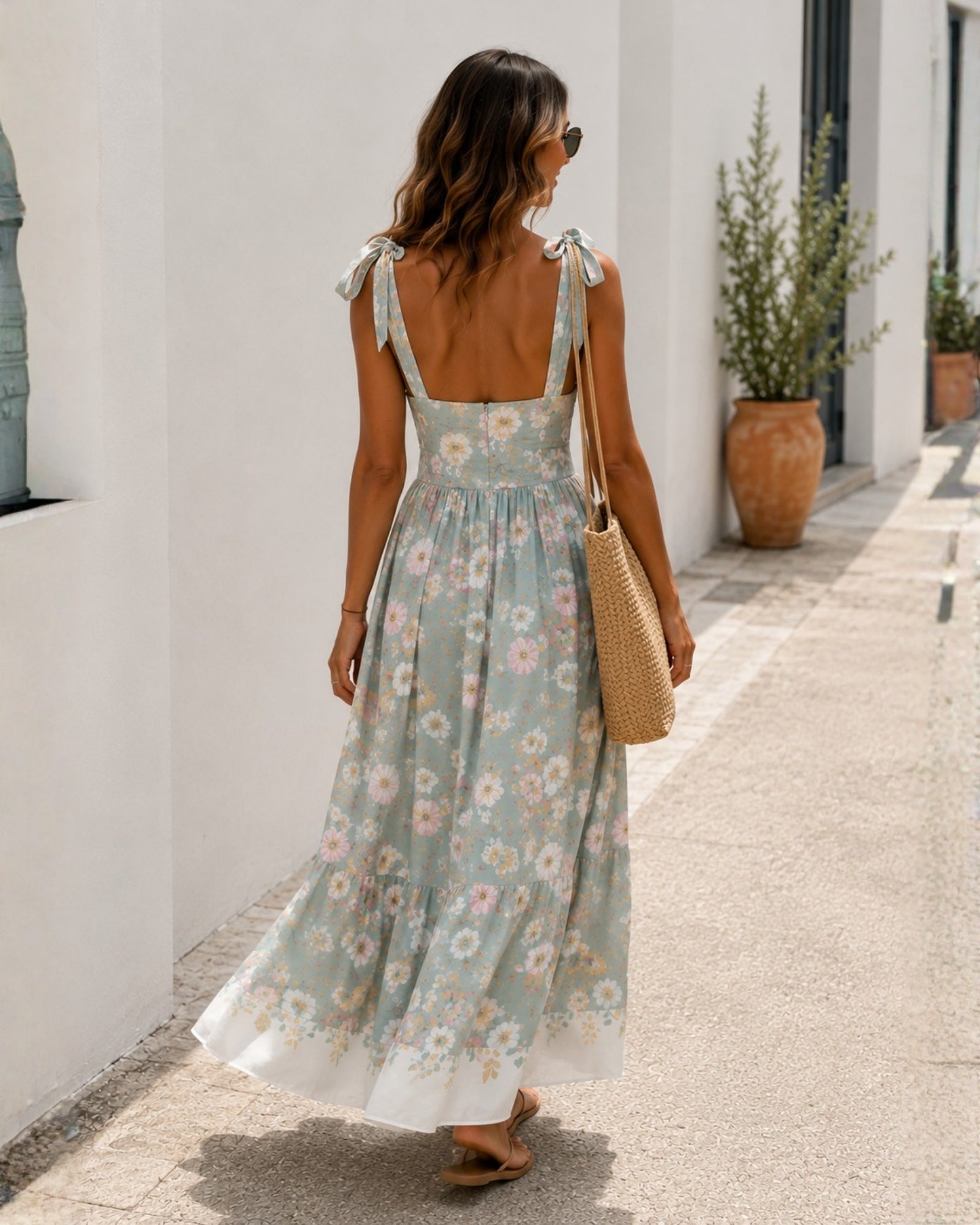 Women's mint floral square neck maxi dress side view, the Zyrelise Dress in Mint Floral by Esther & Co