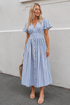 Women's blue stripe linen midi dress, the Korbel Dress in Blue Stripe by Esther & Co