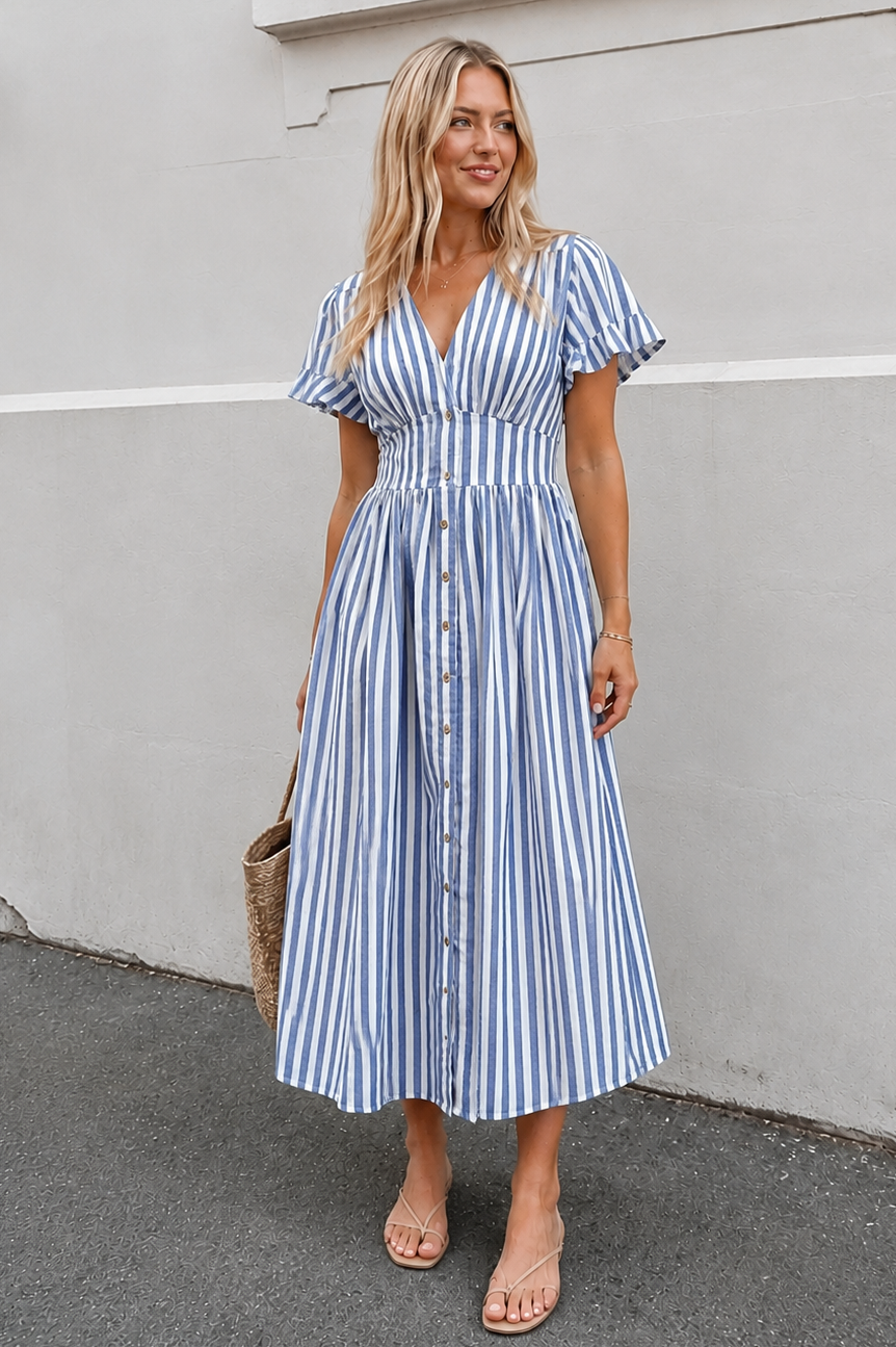 Women's blue stripe linen midi dress, the Korbel Dress in Blue Stripe by Esther & Co