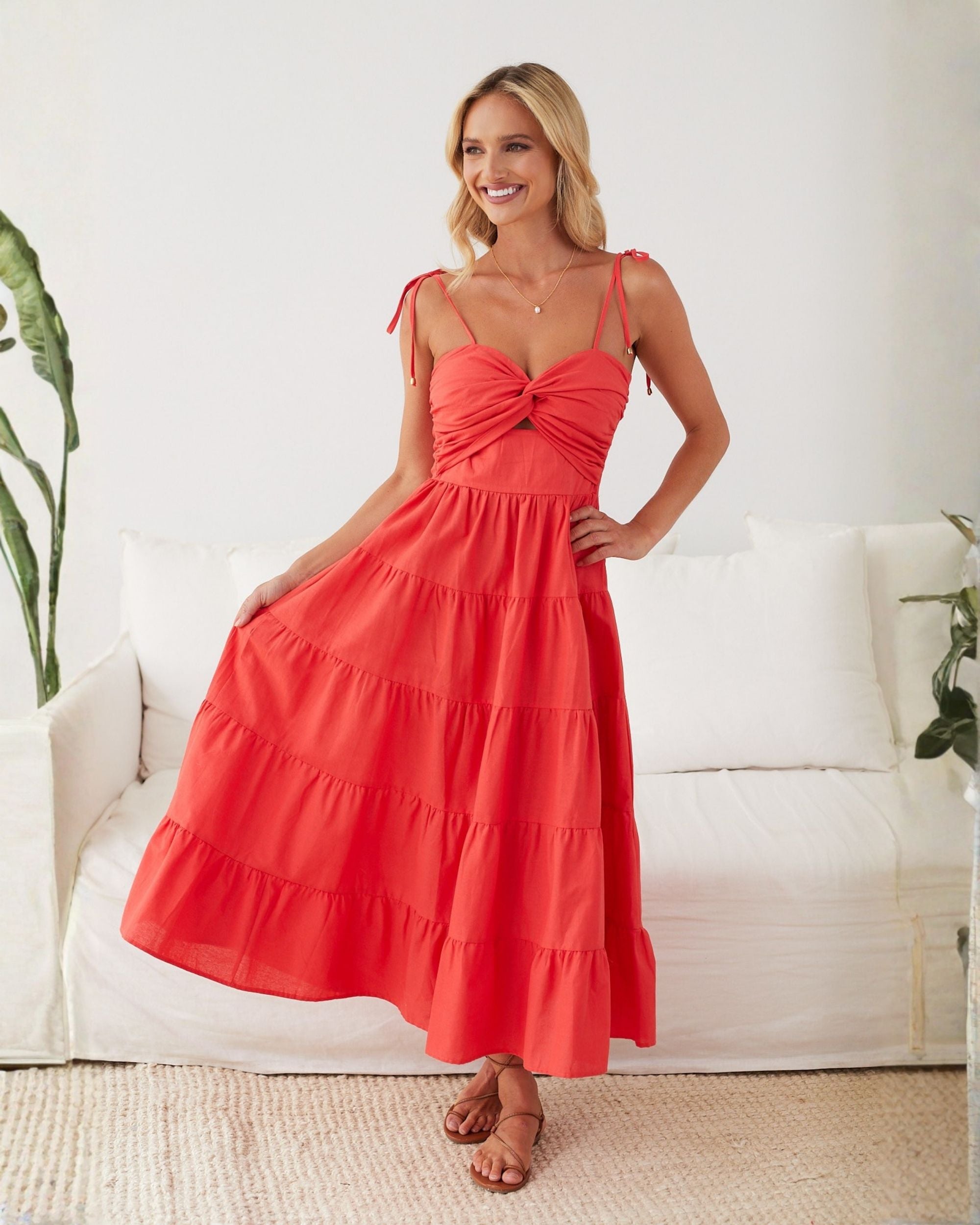 Women's red tiered maxi dress, the Elan Dress in Red by Esther & Co