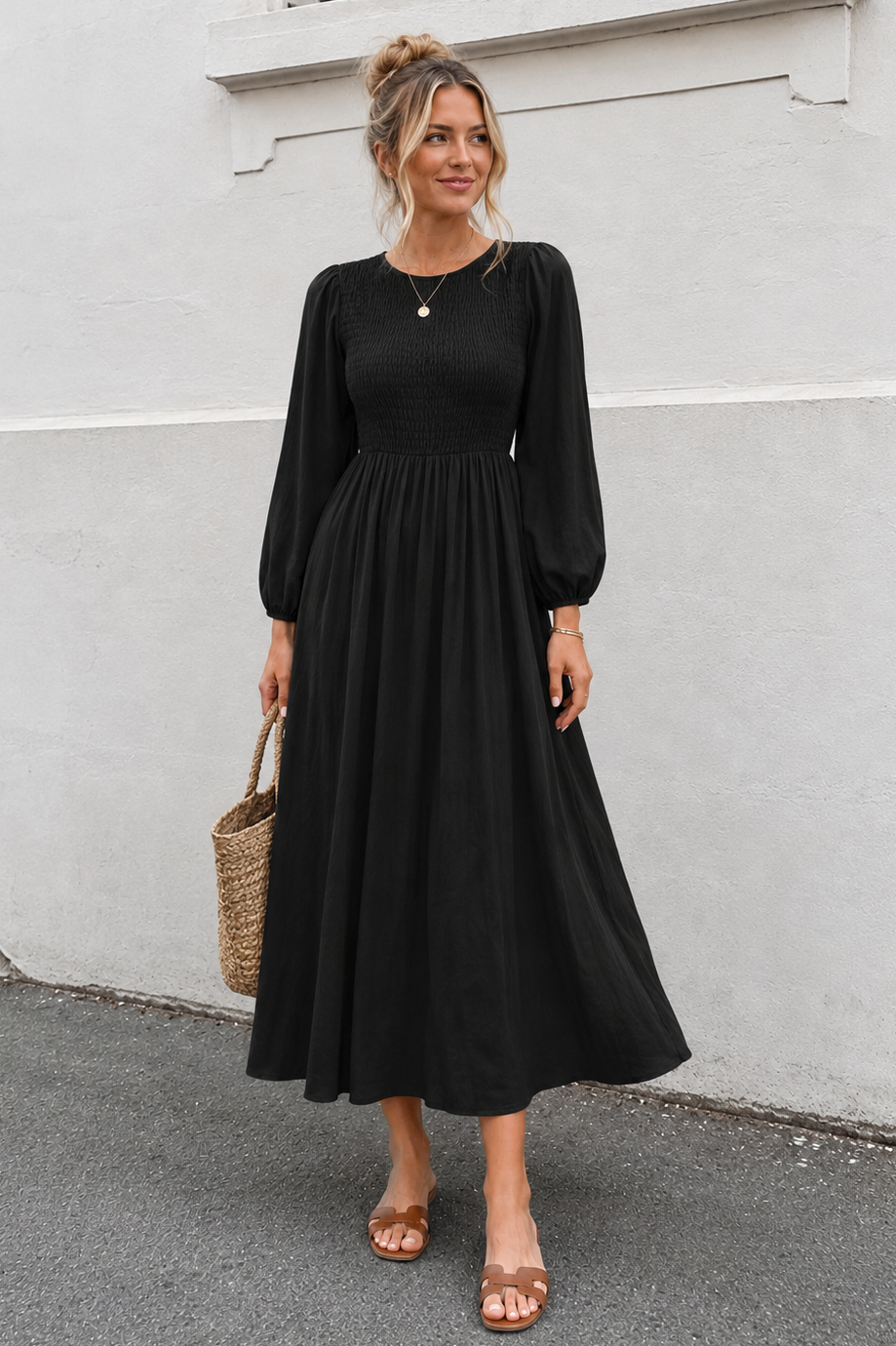Women's black long sleeve cotton midi dress with smocked bodice, the Iolana Dress in Black Long Sleeve by Esther & Co