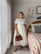 Iolana white smock midi dress worn on location